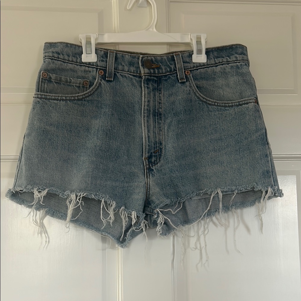 High Rise Light Blue Levi Jean shorts, Denim cut off shorts, raw hem frayed